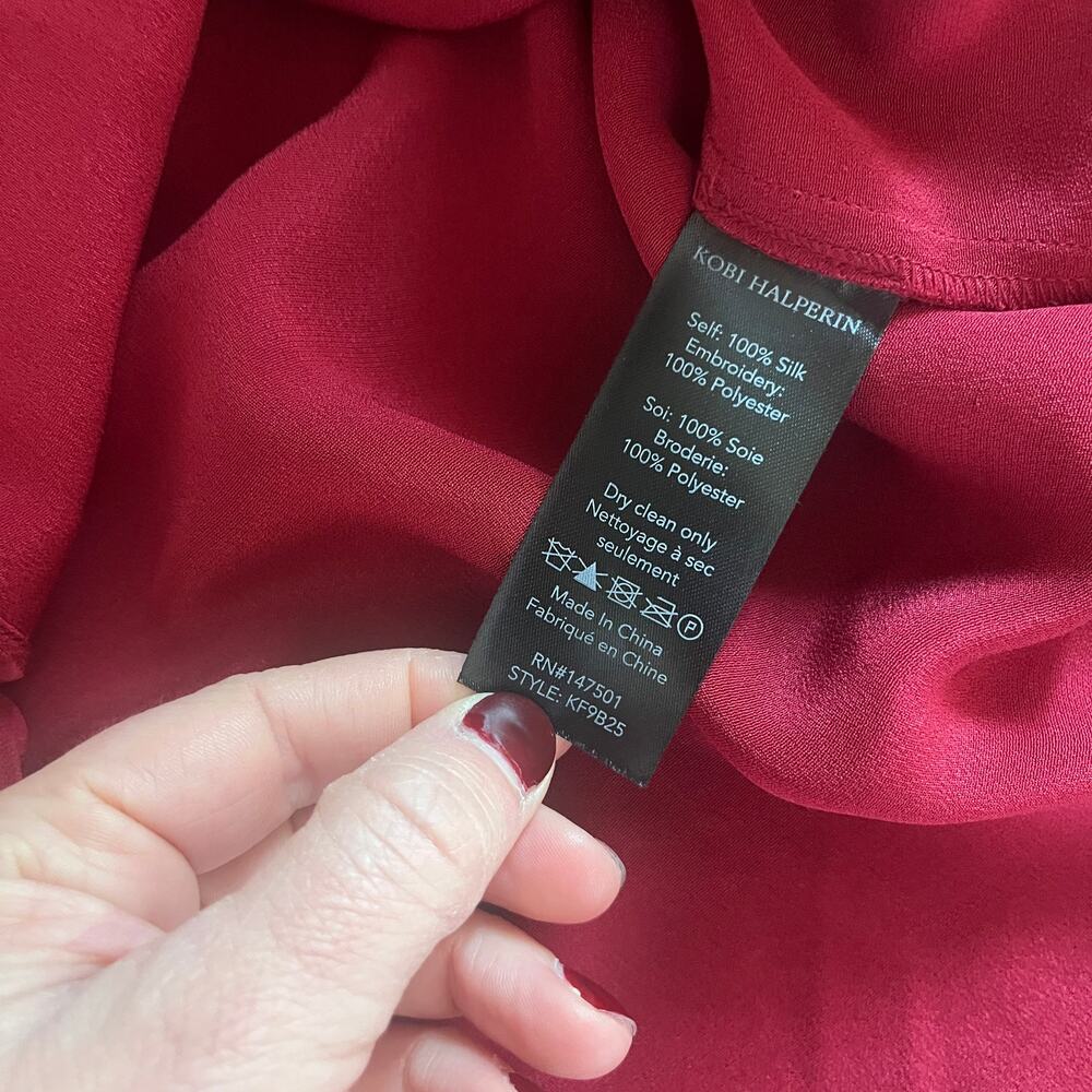 Kobi Halperin Embroidered Cuff 100% Silk Long Sleeve Blouse Burgundy Size Small - Picture 6 of 6